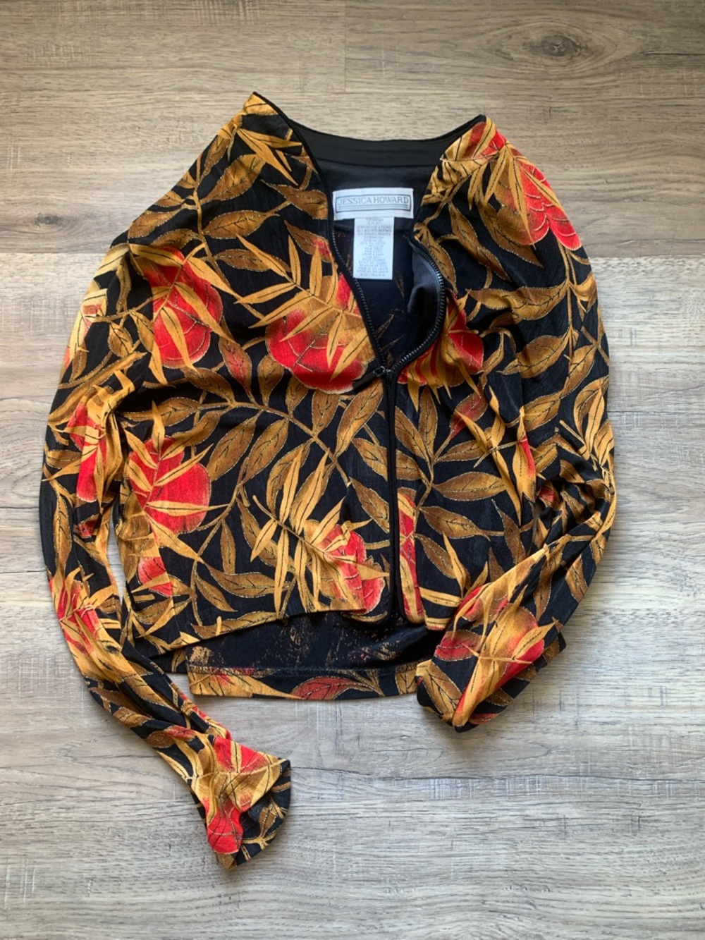 Vintage Jessica Howard Black Jacket with Gold and Red Leaf Motif